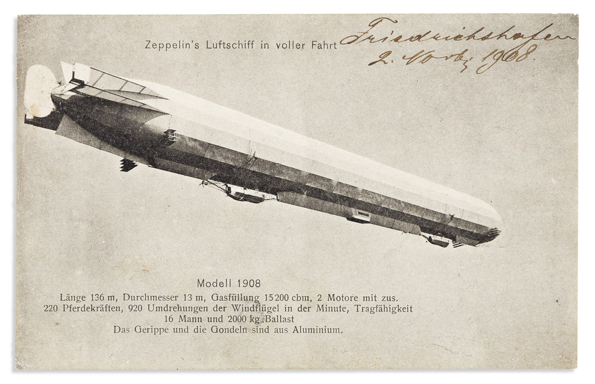 (AVIATORS.) ZEPPELIN, FERDINAND VON. Note Signed, G[raf]v[on]Zeppelin, to Stuttgart publishers Levy & Müller, in German, on a postcar